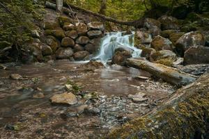 mulino torrente nel il verde foresta. caduta acqua a lungo esposizione su il luogo di un vecchio rovinato mulino. foto