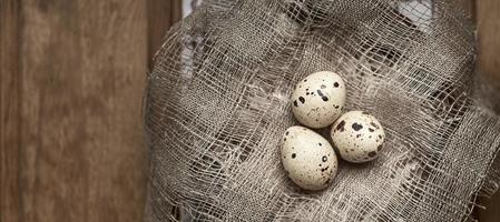 fresco Quaglia uovo su un' cotone stoffa su un' di legno tavolo. foto con copia spazio.