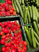 pomodori e cetrioli pronto per vendita nel un' supermercato. foto