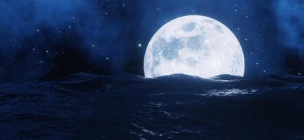 la grande luna brilla dietro il mare con stelle e nuvole sullo sfondo. rendering 3D. foto