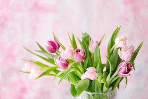 primavera tulipani su rosa sfondo. saluto carta per madri giorno foto