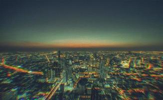paesaggio urbano di moderno edifici nel il città notte sfondo con digitale problema tecnico effetto foto