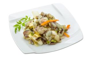 crudo polpo insalata su il piatto e bianca sfondo foto