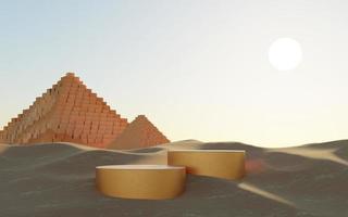 astratto duna scogliera sabbia con metallico podio In piedi piattaforma e egiziano piramide. surreale deserto naturale paesaggio sfondo. scena di deserto con lucido metallico archi geometrico design. 3d rendere. foto
