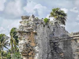 antiche rovine di tulum sito maya tempio piramidi manufatti vista sul mare messico. foto