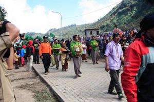 dieng, Indonesia - agosto 1, 2015. dieng cultura Festival, turisti Seguire il dreadlocks processione durante il dieng cultura Festival evento a dieng, banjarnegara quartiere, centrale Giava foto