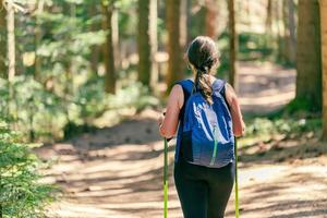 donna passeggiate attraverso il foresta. Visualizza a partire dal il Indietro, avvicinamento. trasporta un' zaino e escursioni a piedi poli. foresta escursioni a piedi sentiero foto