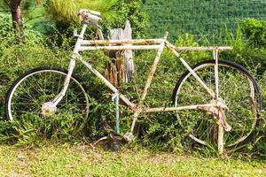 vecchia bicicletta bianca con arrugginito in giardino foto