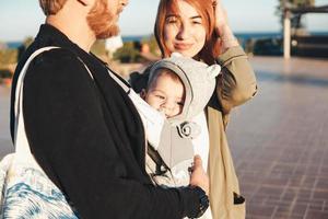 contento gioioso giovane famiglia nel estate parco foto