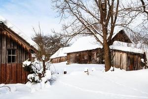 nevoso cortile nel abbandonato russo villaggio nel inverno foto