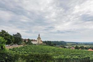 simpatico vecchio Chiesa su un' collinoso paesaggio con vigneti foto