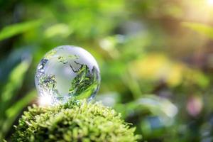 globo pianeta bicchiere nel verde foresta con bokeh natura luci. mondo ambiente giorno. concetto per ambiente conservazione, proteggere ecologia terra e ambientale eco-friendly vita con copia spazio foto
