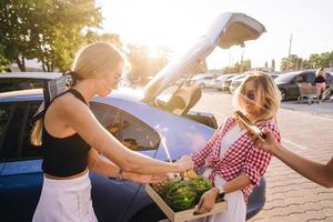 ragazze hold un' frutta vassoio e preparare un' festivo fuochi d'artificio. foto