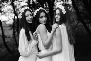 tre affascinante ragazze vicino un' di legno Casa foto