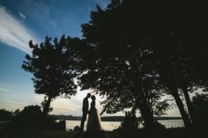 sposa sposo in piedi nel il parco foto