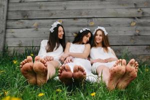 tre affascinante ragazze vicino un' di legno Casa foto