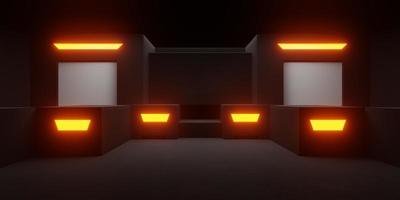 3d interpretazione di navicella spaziale corridoio neon raggiante arancia nero sfondo futuristico. scena per pubblicità, showroom, tecnologia, futuro, moderno, sport, metaverso, gioco, box auto. sci fi illustrazione foto