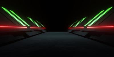 3d interpretazione di navicella spaziale corridoio con verde rosso neon raggiante sfondo futuristico. scena per pubblicità, showroom, tecnologia, futuro, moderno, sport, metaverso, gioco, box auto. sci fi illustrazione foto