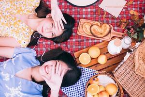 Due femmina amici godendo picnic insieme nel un' parco. foto