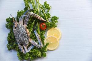 fresco crudo blu nuoto Granchio frutti di mare su Riccio prezzemolo e Limone su bianca tavolo sfondo foto