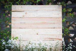 di legno fondale con bianca fiore pianta nel il giardino di legno tavola foto