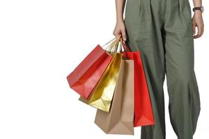 shopping donna Tenere shopping borse, isolato su bianca studio sfondo con copia spazio, e-commerce digitale marketing stile di vita concetto foto