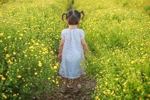 carino poco ridendo ragazza o asiatico poco ragazza a piedi nel il campo di giallo fiori nel un' soleggiato estate sera, a il tramonto con copia foto