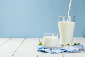 scrosciante un' bicchiere di latte su un' bianca di legno tavolo su un' blu sfondo, gustoso, nutriente e salutare latteria prodotti foto