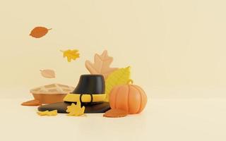 3d ringraziamento illustrazione con cappello e zucca torta foto