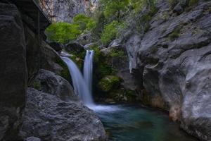 montagna cascata nel un' roccioso gola coperto di vegetazione con verde foresta. ruscello di ghiacciato acqua cascate su muschioso pietre. foto