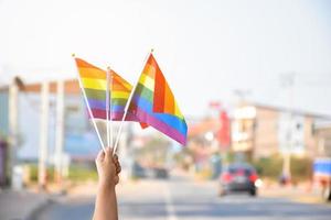 arcobaleno bandiere Tenere nel mano accanto il rurale strada LGBTQ simbolo, concetto per chiamata e mostrando viaggiatori e autisti per supporto e per rispetto LGBTQ persone nel orgoglio mese in giro il mondo. foto