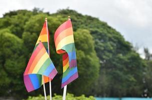 arcobaleno bandiere, simbolo di lgbt Genere diversità, mostrando nel davanti di erba Tribunale di scuola terreno di gioco, sfocato edificio sfondo, concetto per lgbt celebrazioni nel orgoglio mese, giugno, al di sopra di il mondo. foto