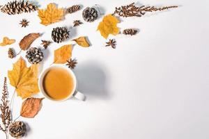 autunno o inverno concetto con pino e acero foglie, caffè tazza , cannella, e sciarpa, piatto posizione, superiore Visualizza. foto