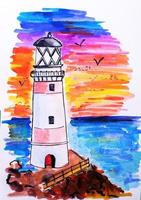 faro su costa di mare. mano disegnato faro. schizzo. foto