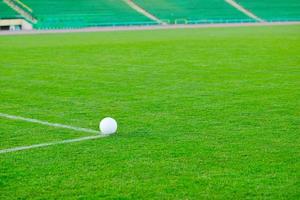 calcio palla su erba a obbiettivo e stadio nel sfondo foto