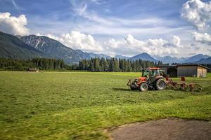 agricolo macchinari, un' trattore raccolta erba nel un' campo contro un' blu cielo. stagione raccolta, erba, agricolo terra. selettivo messa a fuoco foto