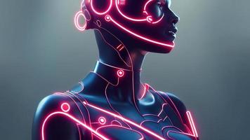 3d resa. elegante bello cyborg. metallo e raggiante Linee. futuristico donna. artificiale intelligenza. foto