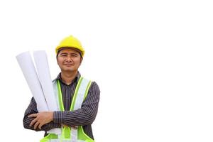 ingegnere lavoratore con progetto e casco di sicurezza isolato su sfondo bianco foto