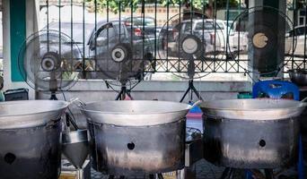 tre grande pentole siamo fritte il fritte pollo con grande tre fan dietro a loro. Questo è il strada cibo fritte pollo cabina a il sentiero Il prossimo per il strada. foto