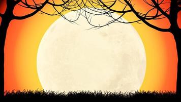 sfondo pieno Luna arancia e morto rami, no foglie, erba nel silhouette per Halloween uso. carta o piatto sfondo Halloween Festival. 3d interpretazione foto