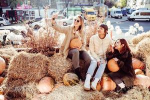 bellissimo ragazze seduta su mucchi di fieno prendere un' autoscatto foto