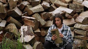 donna nel il foresta vicino il polo di tritato legna foto