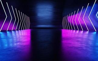 moderno futuristico fantascienza riflette calcestruzzo. un' camera con neon luci raggiante rosa e blu. foto
