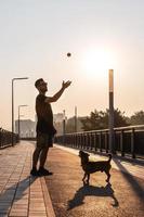 giovane uomo è giocando con il suo cane su vuoto strada nel il mattina. foto