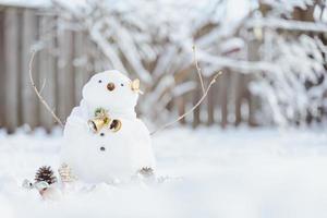 allegro Natale e contento nuovo anno saluto carta con copia-spazio.molti pupazzi di neve in piedi nel inverno Natale paesaggio.inverno sfondo.pupazzo di neve con asciutto fiore e pino . contento vacanza e celebrazione. foto