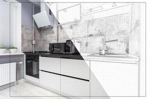 interno di il moderno lusso cucina con ospite tavolo nel soffitta studio appartamenti nel minimalista stile con bianca colore nel mattone parete foto