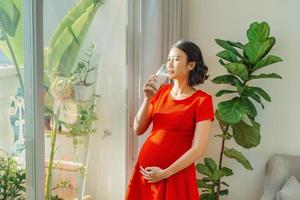 giovane bella incinta donna potabile latte quando in piedi dietro a il finestra foto