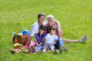 contento famiglia giocando insieme nel un' picnic all'aperto foto