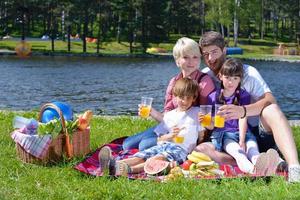 contento famiglia giocando insieme nel un' picnic all'aperto foto