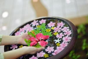 mano femminile e fiore in acqua foto